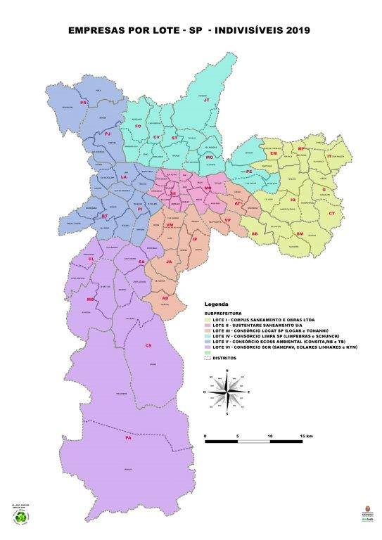 Mapa da cidade com a demarcação das áreas atendidas pelas seis empresas vencedoras do lote